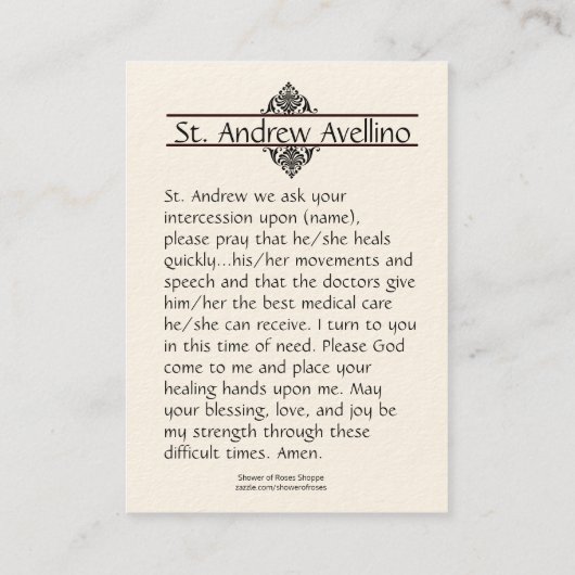 Heilige Kaart | St. Andrew Avellino Patron for Str Visitekaartje (Achterkant)