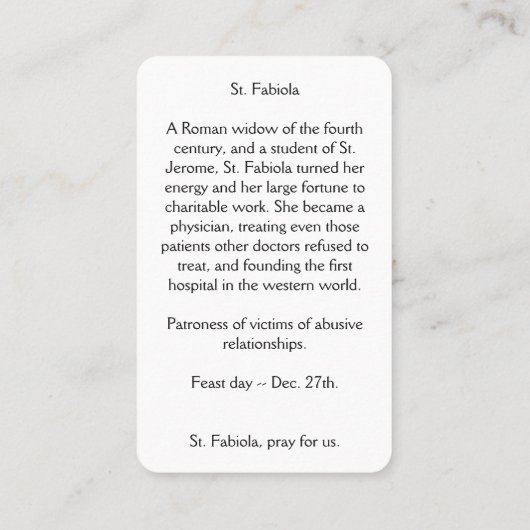 Heilige Kaart van St. Fabiola Visitekaartje (Achterkant)
