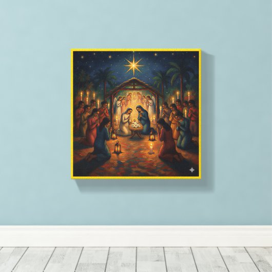 Heilige Kerststal – Levendige Kerst Canvas Afdruk (Insitu (Houten vloer))