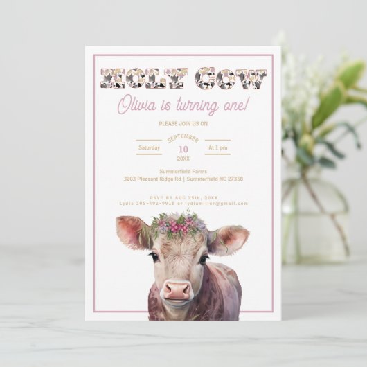 Heilige Koe 1e Verjaardag Uitnodigen met Koe Kunst Kaart (Staand voorkant)