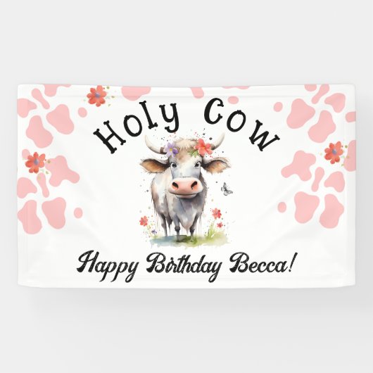 Heilige Koe 1e Verjaardag Waterverf Roze Spandoek (Horizontaal)