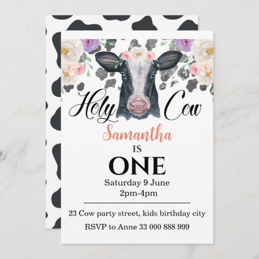 Heilige Koe 1e Verjaardagsuitnodiging Kaart (Voorkant / Achterkant)