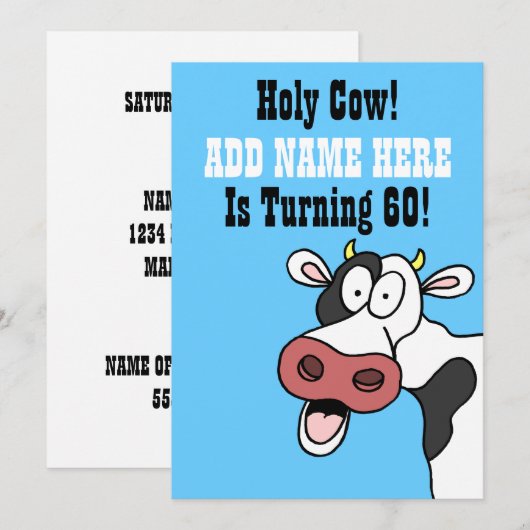 Heilige Koe 60th Birthday Funny Cartoon Invite Kaart (Voorkant / Achterkant)