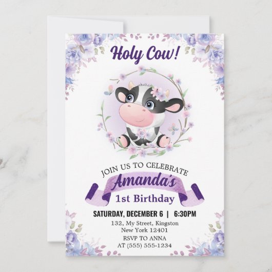 Heilige Koe Bloemen 1ste Verjaardagsfeest Kaart (Voorkant)