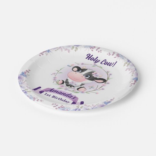 Heilige Koe Bloemen 1ste Verjaardagsfeest Papieren Bordje (Gekanteld)