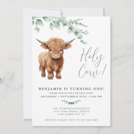Heilige Koe Boho Groene Hoogland Koe 1e Verjaardag Kaart (Voorkant)