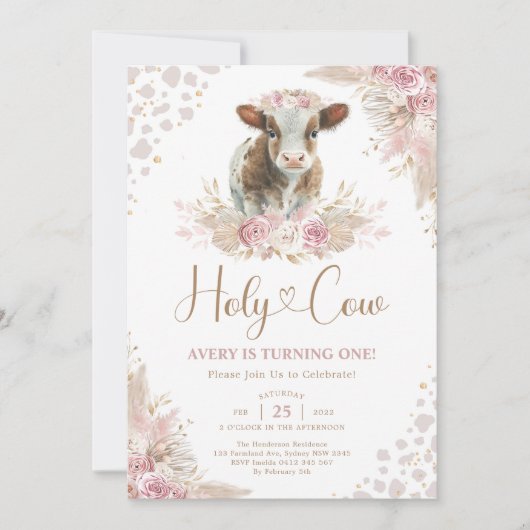 Heilige Koe Boho Pink Pampas Koe Baby Girl Birthda Kaart (Voorkant)