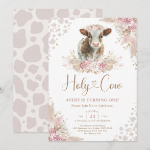 Heilige Koe Boho Pink Pampas Koe Baby Girl Birthda Kaart