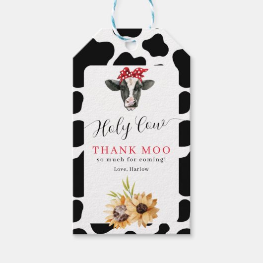 Heilige Koe Dank Moo Sunflower Birthday Cadeaulabel (Voorkant)