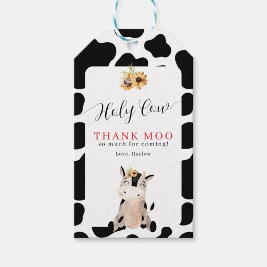 Heilige Koe Dank Moo Sunflower Birthday Cadeaulabel (Voorkant)