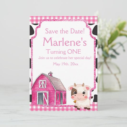 Heilige Koe Eerste verjaardag Save The Date (Staand voorkant)