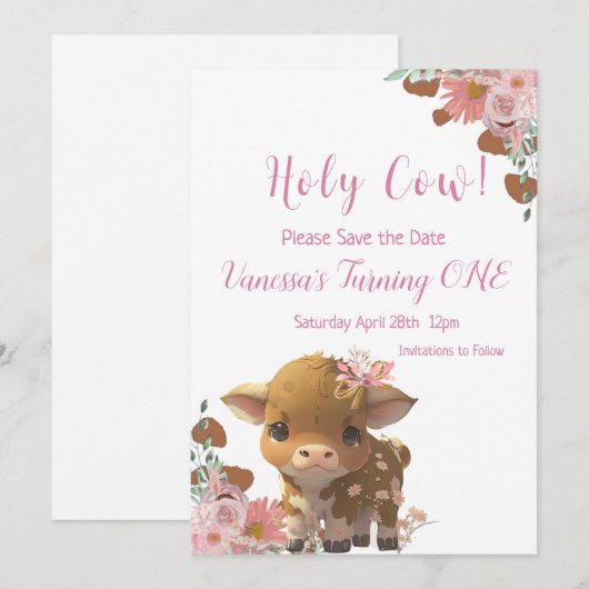 Heilige Koe Eerste verjaardag Save The Date (Voorkant / Achterkant)