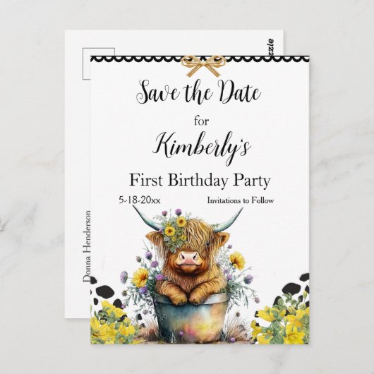 Heilige Koe Eerste Verjaardag, Save the Date Briefkaart (Voorkant / Achterkant)