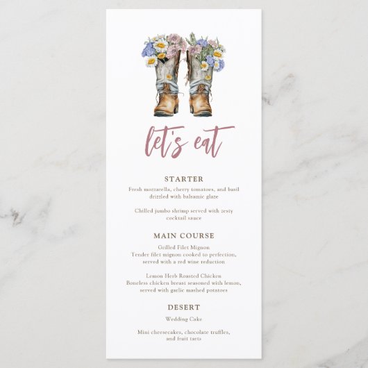 Heilige Koe Floral Cowboy Boots Vrijgezellenfeest Menu (Voorkant)