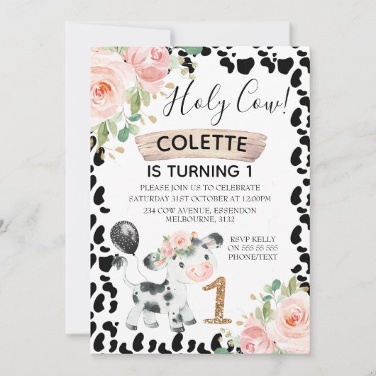 Heilige Koe Floral en Koe drukken 1e verjaardag Ui Kaart (Voorkant)