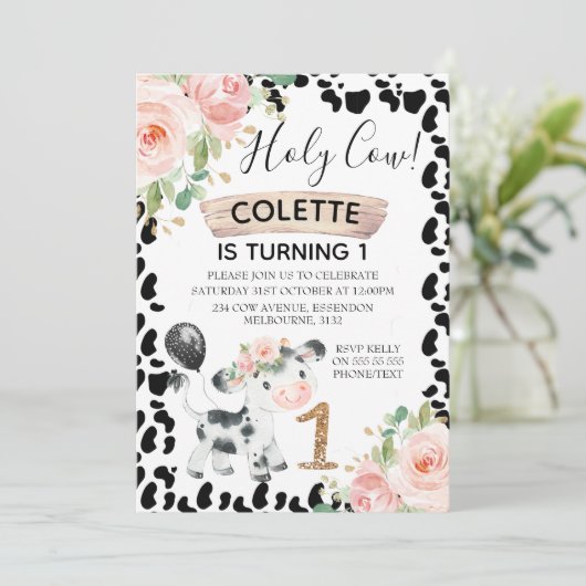 Heilige Koe Floral en Koe drukken 1e verjaardag Ui Kaart (Staand voorkant)