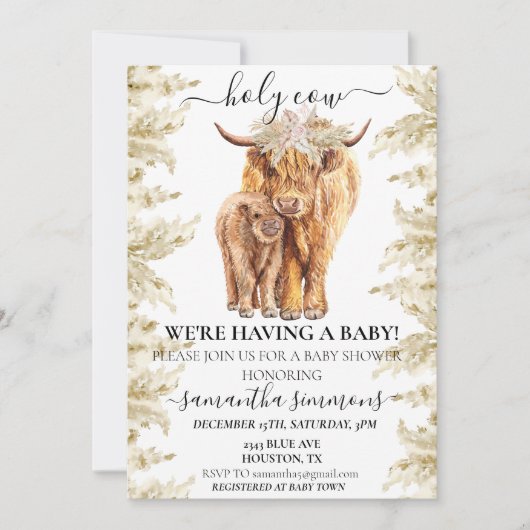 Heilige Koe Hoogland Calf Baby shower Pampas Grass Kaart (Voorkant)
