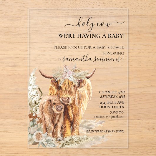 Heilige Koe Hoogland Kalf Baby shower Boho Acryl Uitnodigingen (Voorkant)
