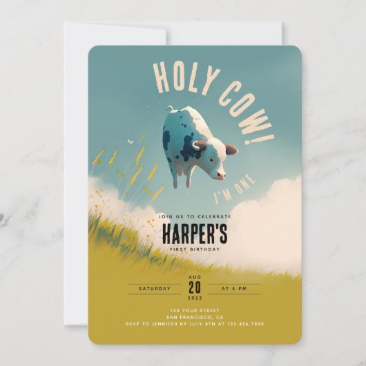 Heilige Koe Ik ben 1-Cute 1-jarig Uitnodiging (Voorkant)