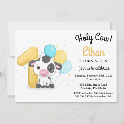 Heilige Koe Ik ben 1 Koe 1e verjaardag Uitnodiging (Voorkant)