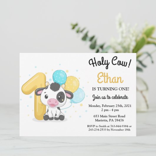 Heilige Koe Ik ben 1 Koe 1e verjaardag Uitnodiging (Staand voorkant)