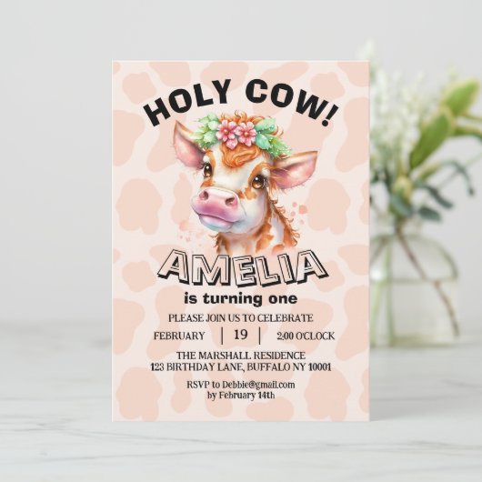 Heilige Koe Ik ben 1 meisje op 1 verjaardag Save The Date (Staand voorkant)