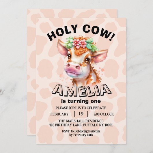 Heilige Koe Ik ben 1 meisje op 1 verjaardag Save The Date (Voorkant / Achterkant)