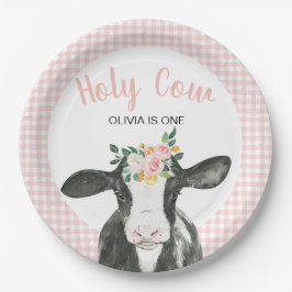 Heilige Koe Ik ben Eén Roze Gingham Bloemen Geboor Papieren Bordje
