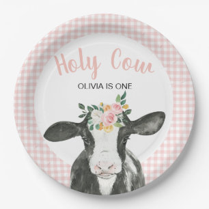Heilige Koe Ik ben Eén Roze Gingham Bloemen Geboor Papieren Bordje