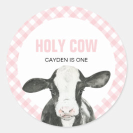 Heilige koe ik ben één roze ruitjes verjaardag ronde sticker