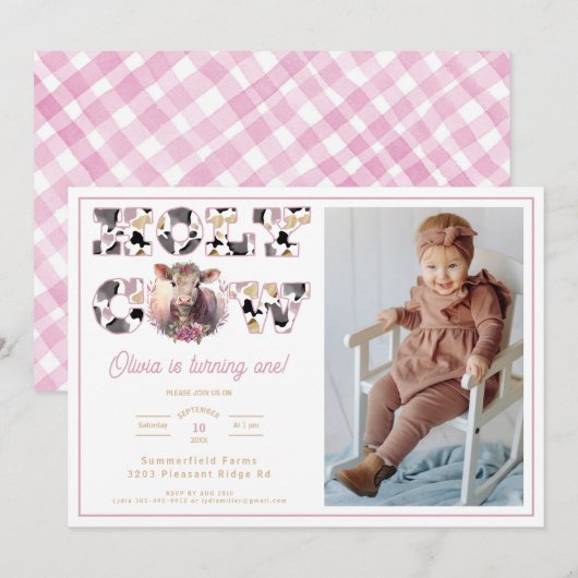 Heilige Koe Meisje 1e Verjaardag Foto Uitnodigen Kaart (Voorkant / Achterkant)