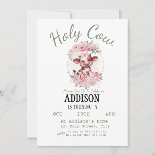 Heilige Koe Meisje 5e Verjaardagsuitnodiging Kaart (Voorkant)