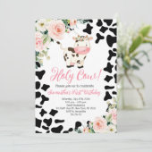 Heilige Koe Roze Bloemen Eerste Verjaardagsfeest Kaart (Staand voorkant)