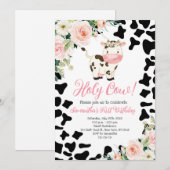 Heilige Koe Roze Bloemen Eerste Verjaardagsfeest Kaart (Voorkant / Achterkant)