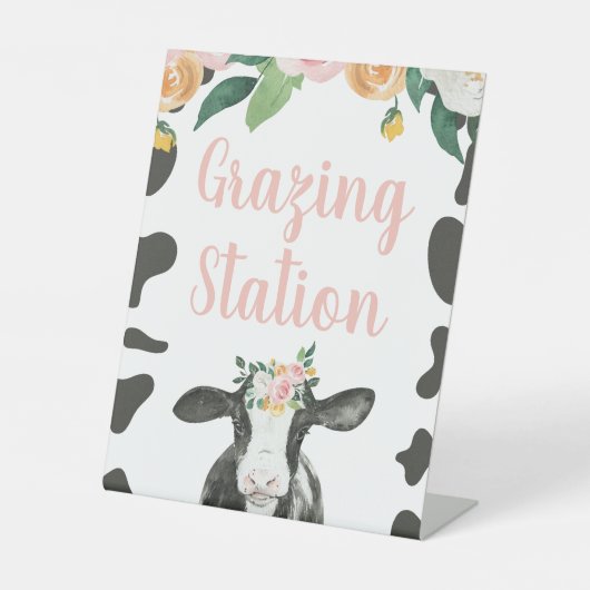 Heilige Koe Roze florale Birthday Food Reclamebord Met Voetstuk (Voorkant)