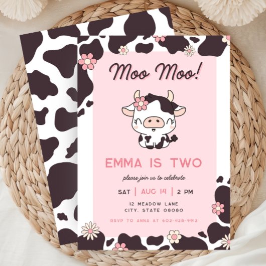 Heilige Koe Roze Meisje Bloemen Verjaardagsuitnodi Kaart