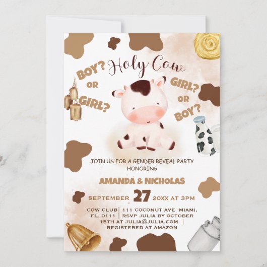 Heilige Koe Schattigee Waterverf Gender Reveal Kaart (Voorkant)