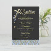 Heilige Kruis en Damask Blue Baptism Invitation Kaart (Staand voorkant)