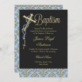 Heilige Kruis en Damask Blue Baptism Invitation Kaart (Voorkant / Achterkant)