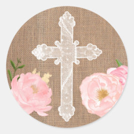Heilige Kruissticker, wit Kruis met roze bloemen Ronde Sticker