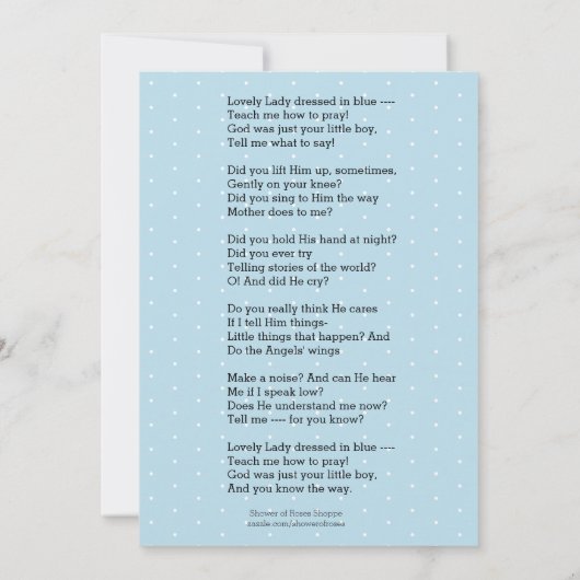 Heilige Maagd Maria Katholiek Gebed Gedicht Kaart (Achterkant)