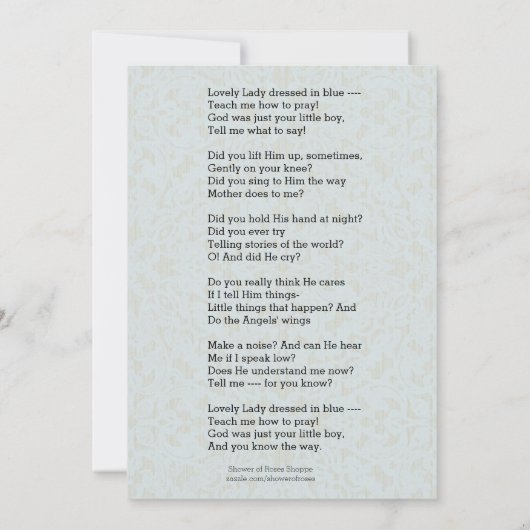 Heilige Maagd Maria Katholiek Gebed Gedicht Kaart (Achterkant)