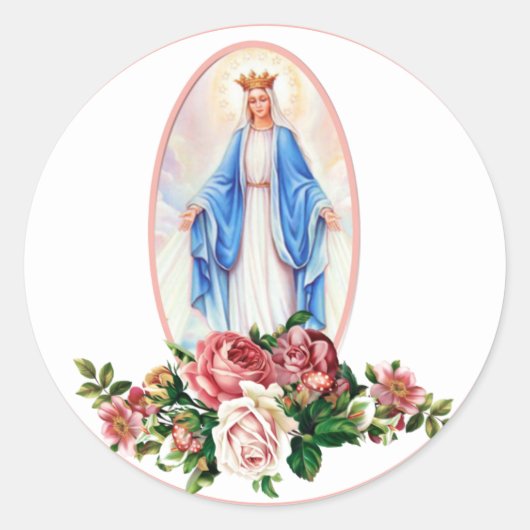 Heilige Maagd Maria Katholieke Rozen Religieus Ronde Sticker (Voorkant)
