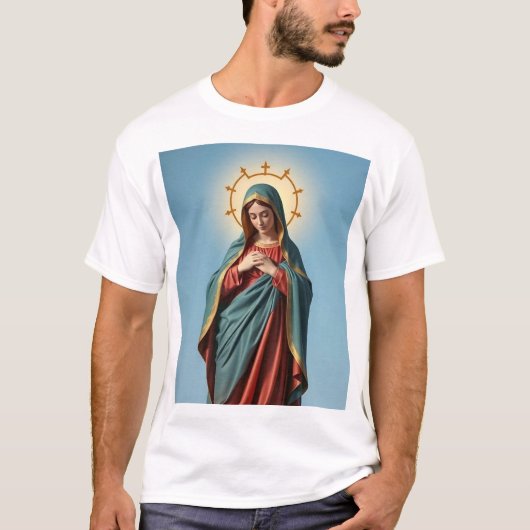 Heilige Maagd Maria Mannen Tee Shirt (Voorkant)