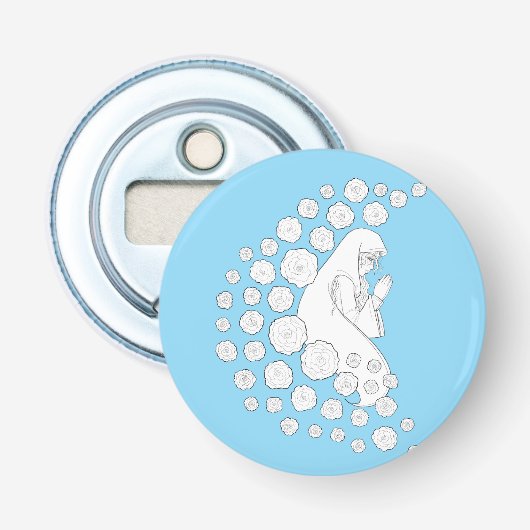 Heilige Maria met rozen - zwart en wit - Button Flesopener (Voorkant)
