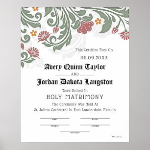 "Heilige Matrimonie" Floral Scroll Wedding Certifi Poster