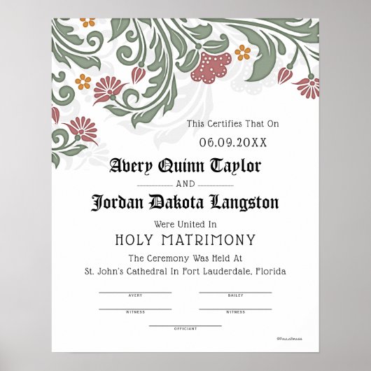 "Heilige Matrimonie" Floral Scroll Wedding Certifi Poster (Voorkant)