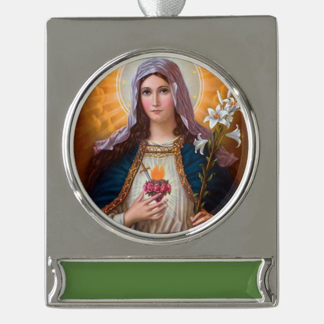 Heilige moeder Mary Immaculate Heart, katholieke g Verzilverd Banner Ornament (Voorkant)