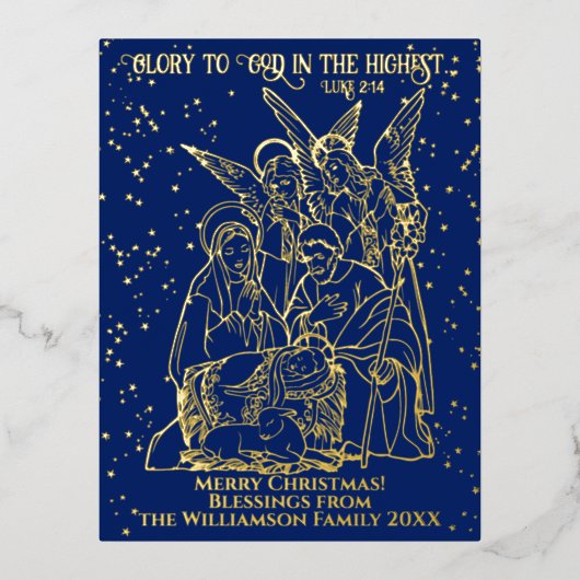 Heilige Nacht Kerstmis Geboorte Scène Bijbel Verse Folie Feestdagen Briefkaart (Voorkant)