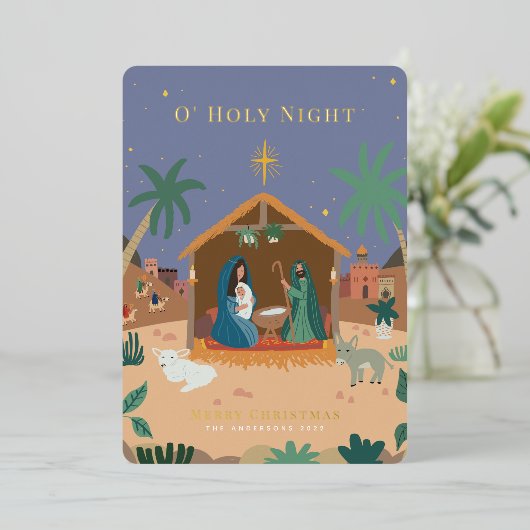 Heilige Nacht Kerstmis Kerstmis Folie Feestdagenkaart (Staand Voorkant)